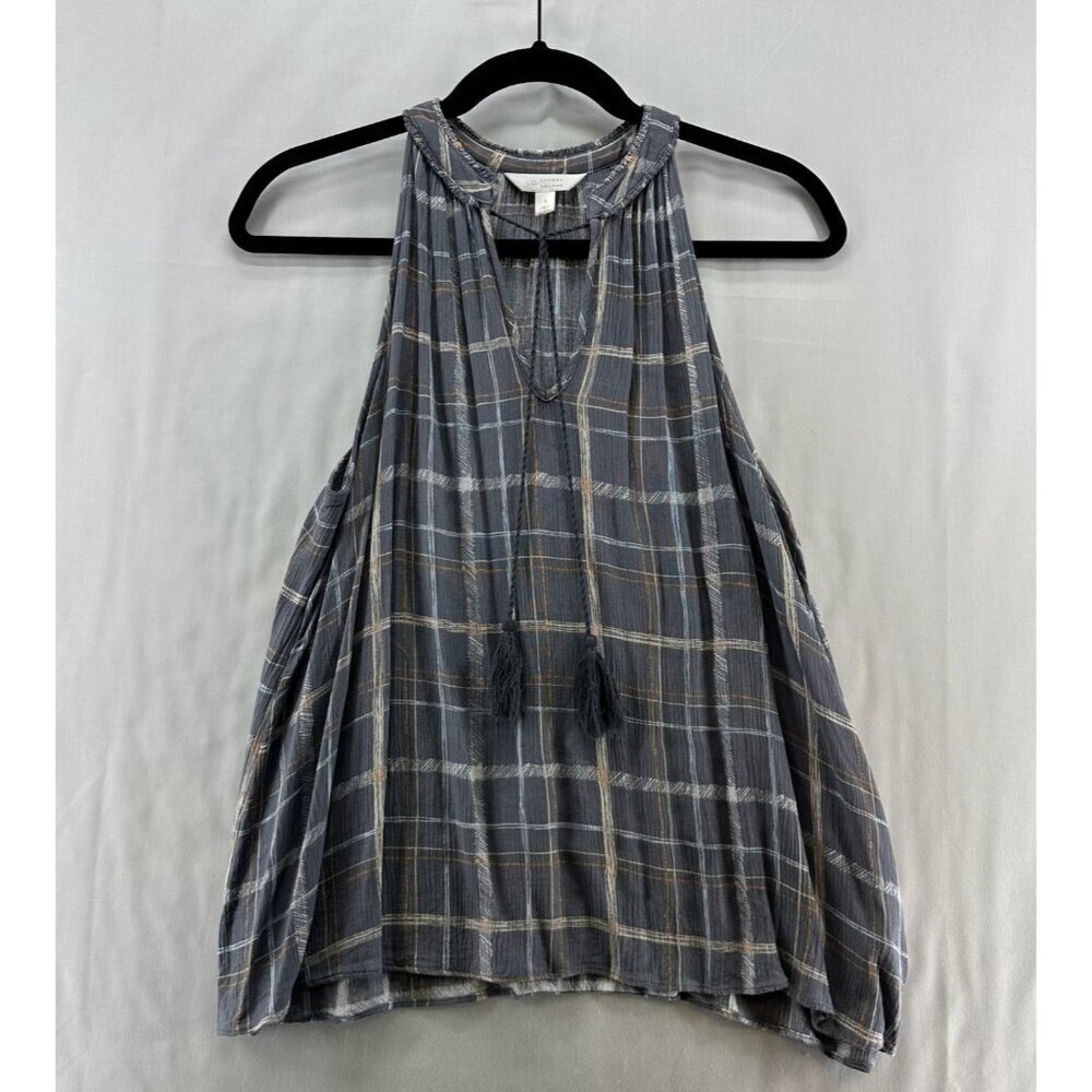 LC Lauren Conrad Tank Top Size S Oversized Plaid Sleeveless Tasseled Blouse Gray